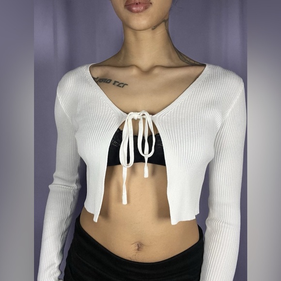 The Unbranded Brand Sweaters - Cream Ribbed Knit Tie Front Cardigan Womens Size XS Off White Chic Minimalist